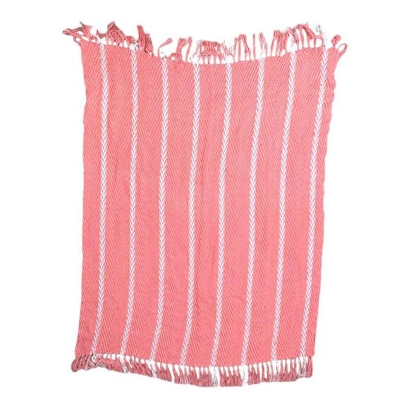 Max Studio Home Coral & White Striped Throw Blanket With Fringe 47.5" X 66.5" - Picture 1 of 5